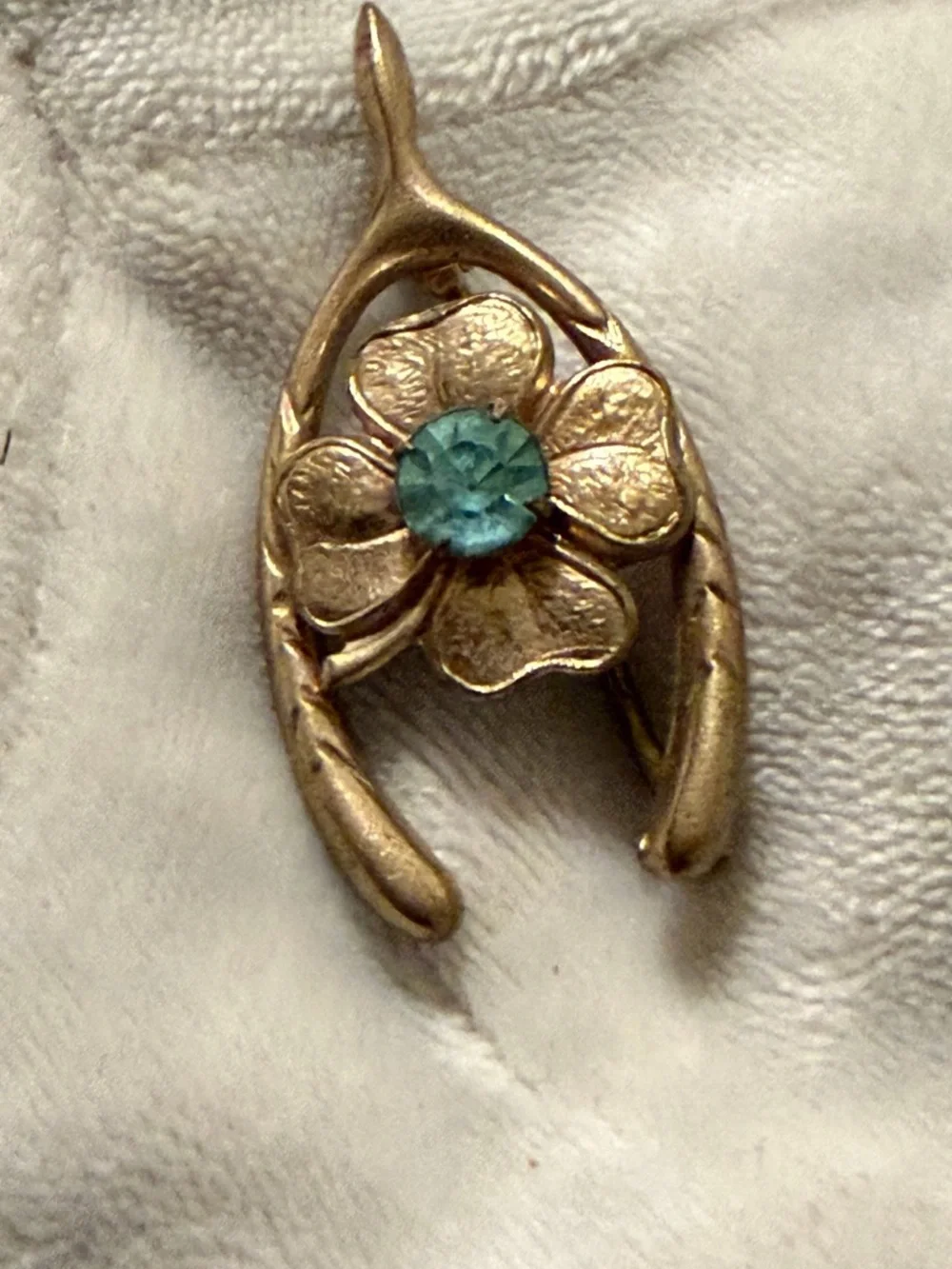 Gold Floral Wishbone Pendant with Teal Stone